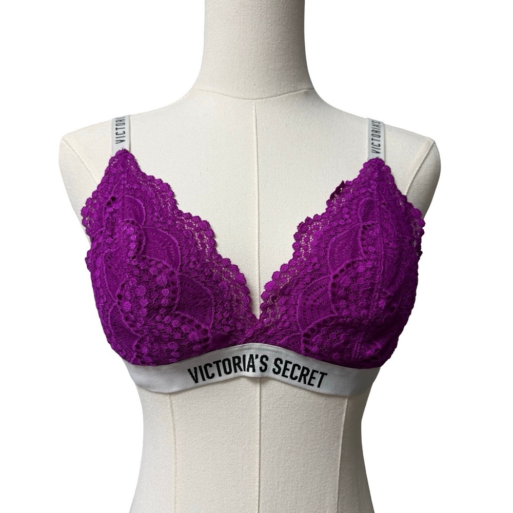Victoria's Secret Bralette Womens Large Purple Lace Logo Strap Wireless Lingerie
